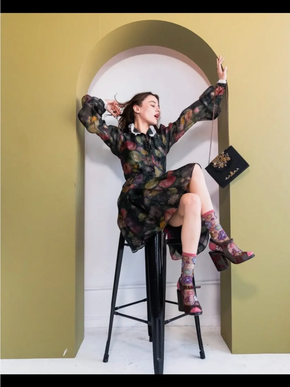 Sock Candy Dark Florals Black Sheer Crew Sock. Price firm.